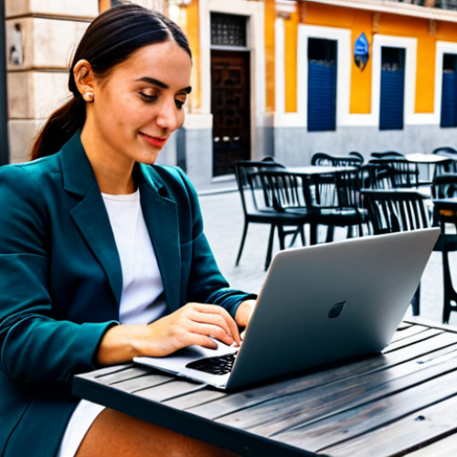 Digital Nomad in Madrid**

"A professional travel blogger, fully clothed in modest, stylish clothing suitable for a warm climate, sits at an outdoor café in Madrid, Spain, working on a laptop. In the background, the bustling city life and historical architecture are visible. She's promoting an affiliate link for a travel agency on her blog. Safe for work, appropriate content, perfect anatomy, natural proportions, professional photography, high quality, family-friendly."

**