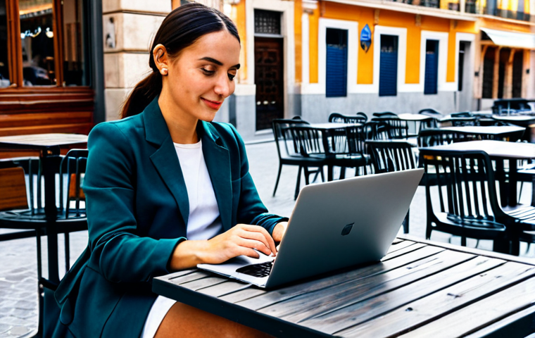 Digital Nomad in Madrid**
"A professional travel blogger, fully clothed in modest, stylish clothing suitable for a warm climate, sits at an outdoor café in Madrid, Spain, working on a laptop. In the background, the bustling city life and historical architecture are visible. She's promoting an affiliate link for a travel agency on her blog. Safe for work, appropriate content, perfect anatomy, natural proportions, professional photography, high quality, family-friendly."
**