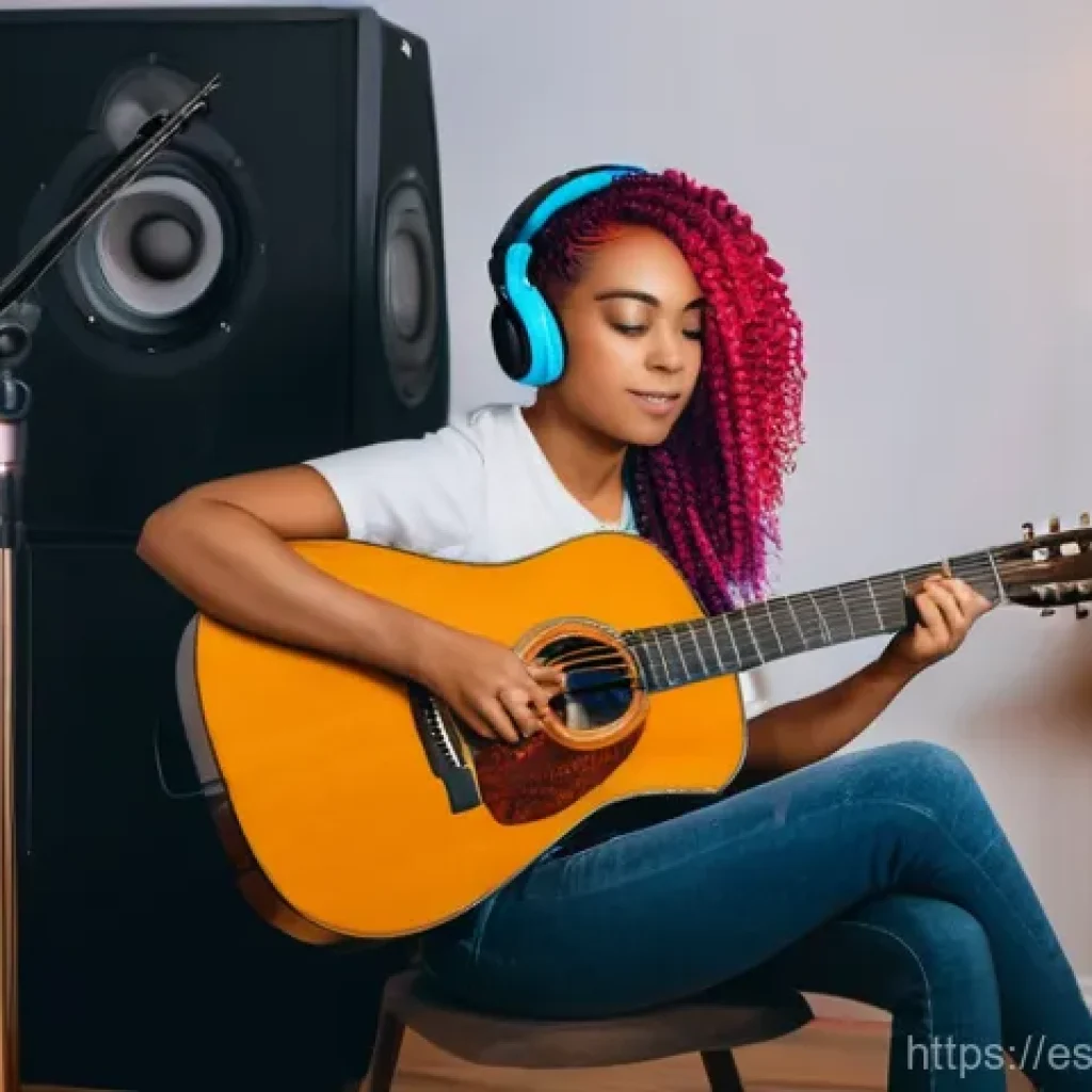 음원 스트리밍 수익 - A young, diverse independent musician, perhaps a woman with vibrant hair, intensely focused in her c...