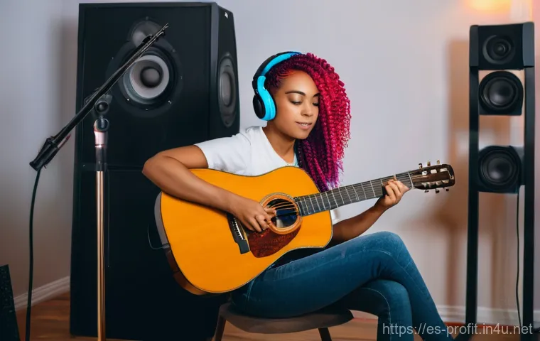 음원 스트리밍 수익 - A young, diverse independent musician, perhaps a woman with vibrant hair, intensely focused in her c...