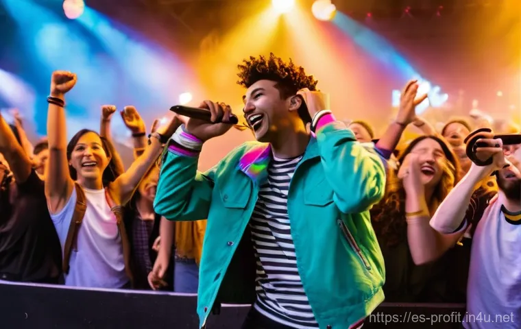 음원 스트리밍 수익 - A young, diverse independent musician, perhaps a woman with vibrant hair, intensely focused in her c...