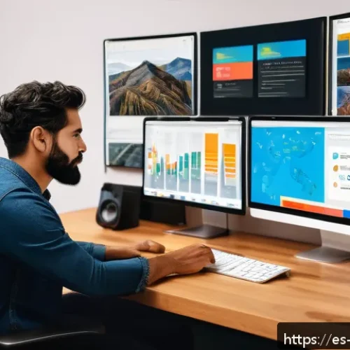 Home 32 전자책 출판 수익 모델 - A vibrant digital creator workspace with a Hispanic author sitting at a modern desk, surrounded by m...