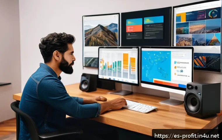 전자책 출판 수익 모델 - A vibrant digital creator workspace with a Hispanic author sitting at a modern desk, surrounded by m...