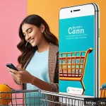 Home 19 이커머스 수익 구조 - A vibrant and modern online shopping scene showcasing a young Hispanic woman using her smartphone to...