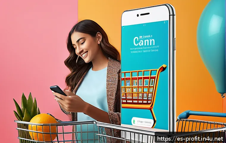 이커머스 수익 구조 - A vibrant and modern online shopping scene showcasing a young Hispanic woman using her smartphone to...