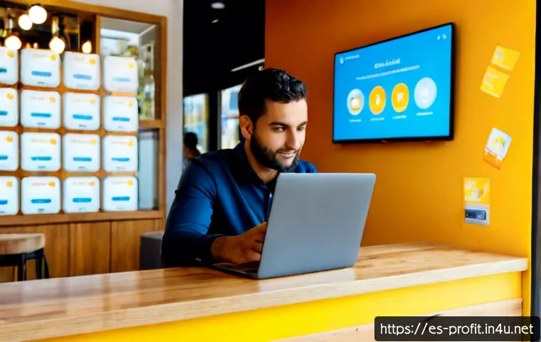 챗봇 비즈니스 수익 구조 - Photorealistic Spanish small-business owner in a bright modern café in Madrid, reviewing a chatbot c...